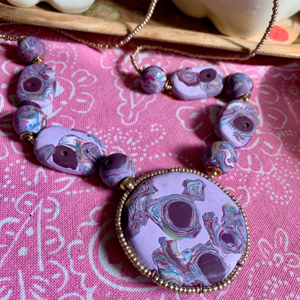 Handmade Polymer Clay Necklace Purple Swirl OOAK